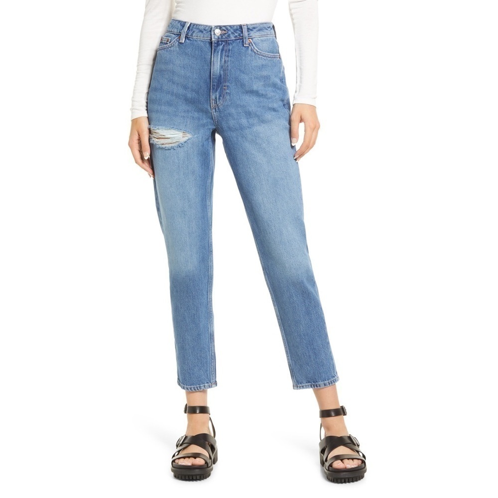 Topshop Women’s Ripped Nonstretch Mom Jeans in‎ Medium Blue Size 26